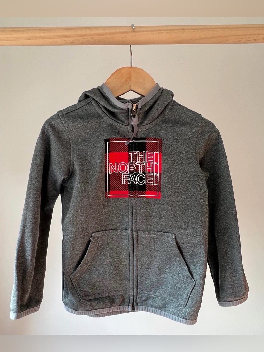 The North Face Kids Gray Zip Hoodie with Red Plaid Logo Size 4